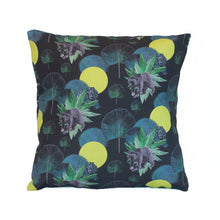 Load image into Gallery viewer, Organic cotton cushion cover with a repeat pattern of a sun bear, a blue tiger, yellow circle sun, green and blue fan palm leaves and plants on a dark coloured background.