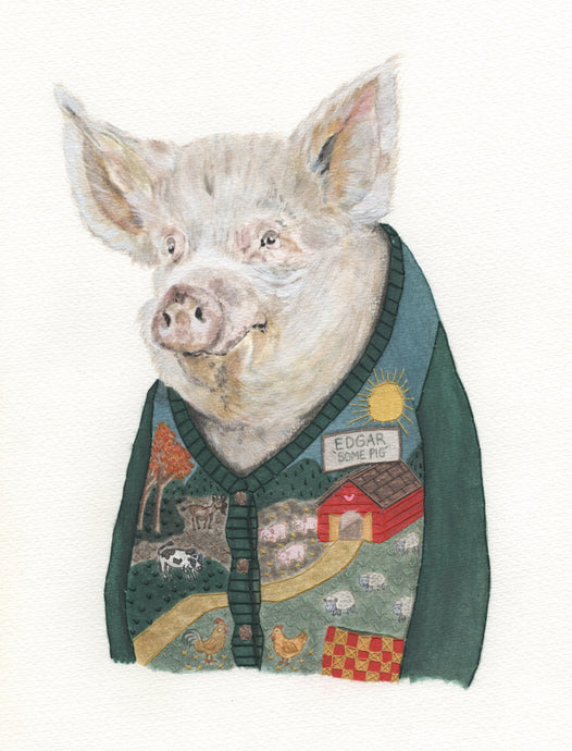 A watercolour and hand-embroidered illustration of a pig wearing a vintage style cardigan featuring farm animals, hills, trees, grass, a sun and a barn, with a name tag reading Edgar 'Some Pig.'