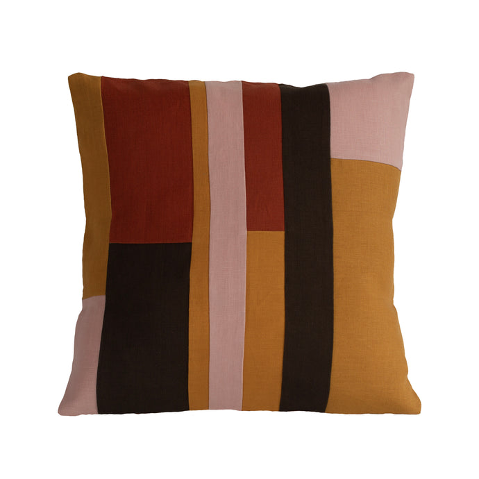 Linen patchwork cushion in the colours mustard yellow, burnt orange, dark olive green and vintage blush pink.