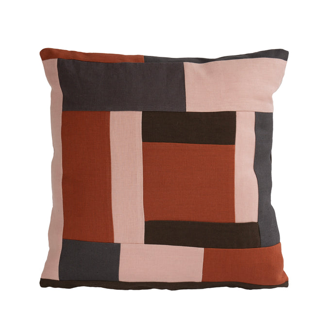 Linen patchwork cushion in the colours burnt orange, vintage blush pink, dark olive green and dark grey. 