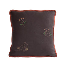 Load image into Gallery viewer, Hand embroidered pink flowering gum, a sitting koala with some leaves, and a kangaroo with kangaroo grass next to it, on a dark grey linen cushion with vintage pink coloured binding.
