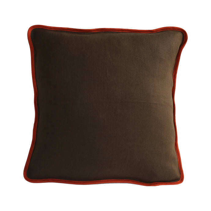 Dark olive green linen cushion with burnt orange binding. 