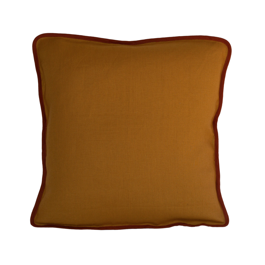 Mustard Yellow linen cushion with burnt orange binding.