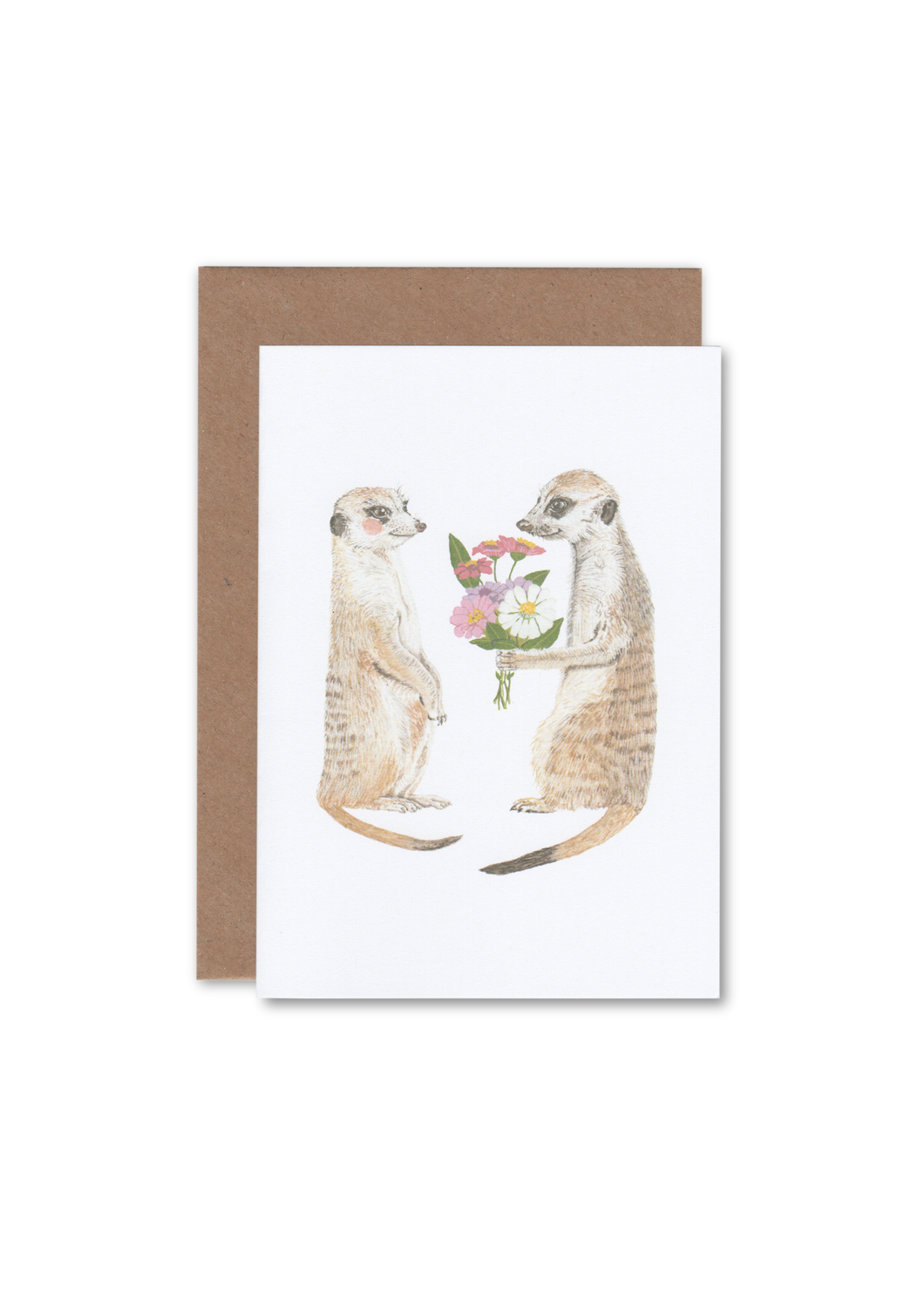 A greeting card lying flat on an envelope with an illustration of two meerkates looking at each other, with one meerkat handing the other flowers.