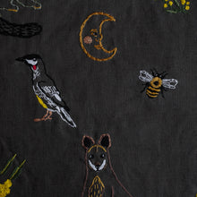 Load image into Gallery viewer, Close up image of the embroidered red wattle bird, half moon with face, bee and top half of the wallaby.
