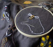 Load image into Gallery viewer, Image of an embroidery hoop on the linen fabric with a needle and thread showing in the process of embroidering wings on the bee. You can also see the top half of the wallaby, some wattle, and the red wattle bird, sun and koala blurred in the background 
